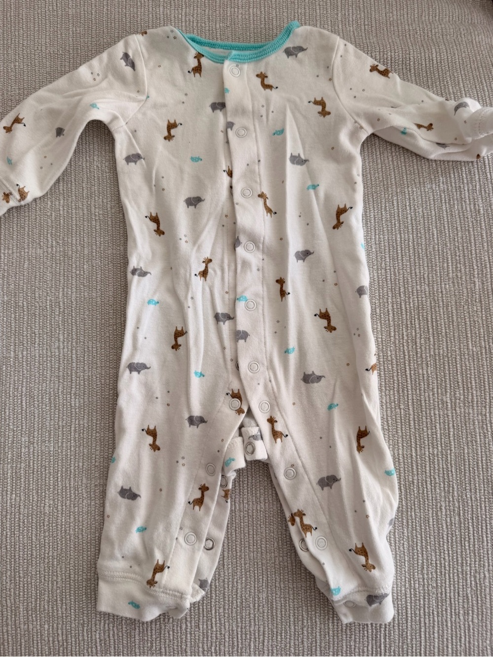 Carter's white Footed One-Piece with Brown & Gray zoo Animal Print and Teal Trim